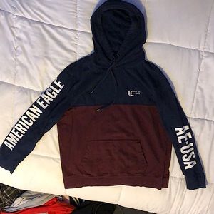 American Eagle Standard Fit Pullover Maroon/blue Hooded Sweatshirt | Size:L